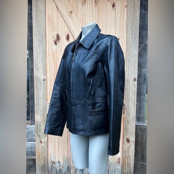 Vintage Y2K Croft & Barrow Short Black Leather Zip Up Jacket~M~ - Picture 2 of 7
